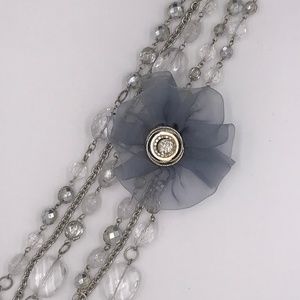 long silver beaded necklace w/ tulle flower